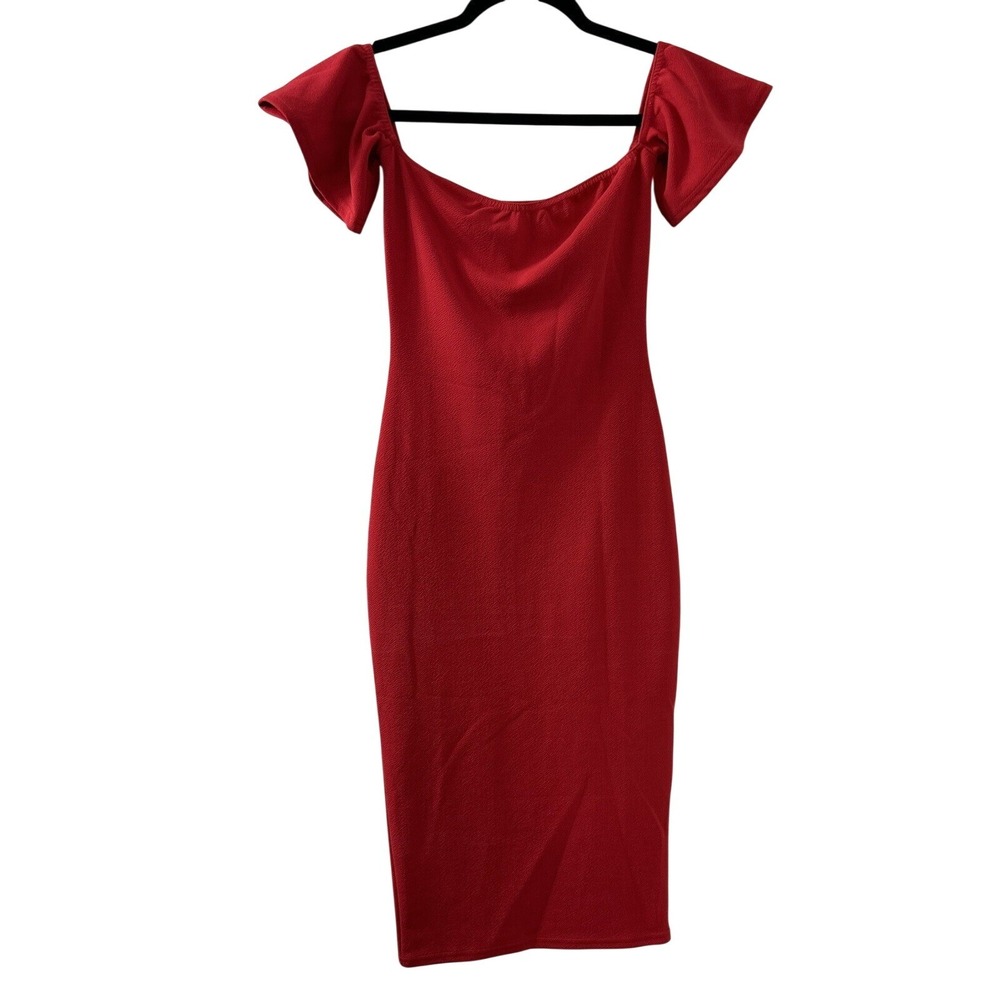 Missguided Textured‎ Crepe Bardot Bodycon Dress 2 Red Flutter Sleeve Date Night